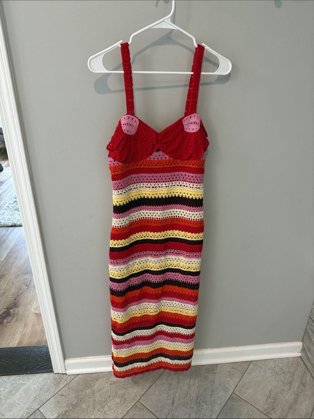 FARM Rio Red Bust Striped Crochet Midi Dress